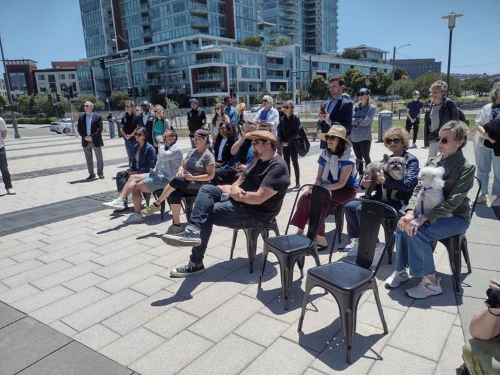 Neighbors from Mission Bay and South Beach sat on the sunny west terrace to hear the speaker program. Old and new faces were there. Photo by Bettina Cohen