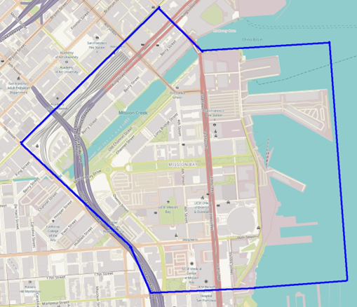 Map of the Mission Bay Neighborhood Association boundaries, outlined in blue: Townsend Street on the north, the eastern waterfront, Mariposa Street and the railroad right-of-way on the south, and Seventh Street on the west.
