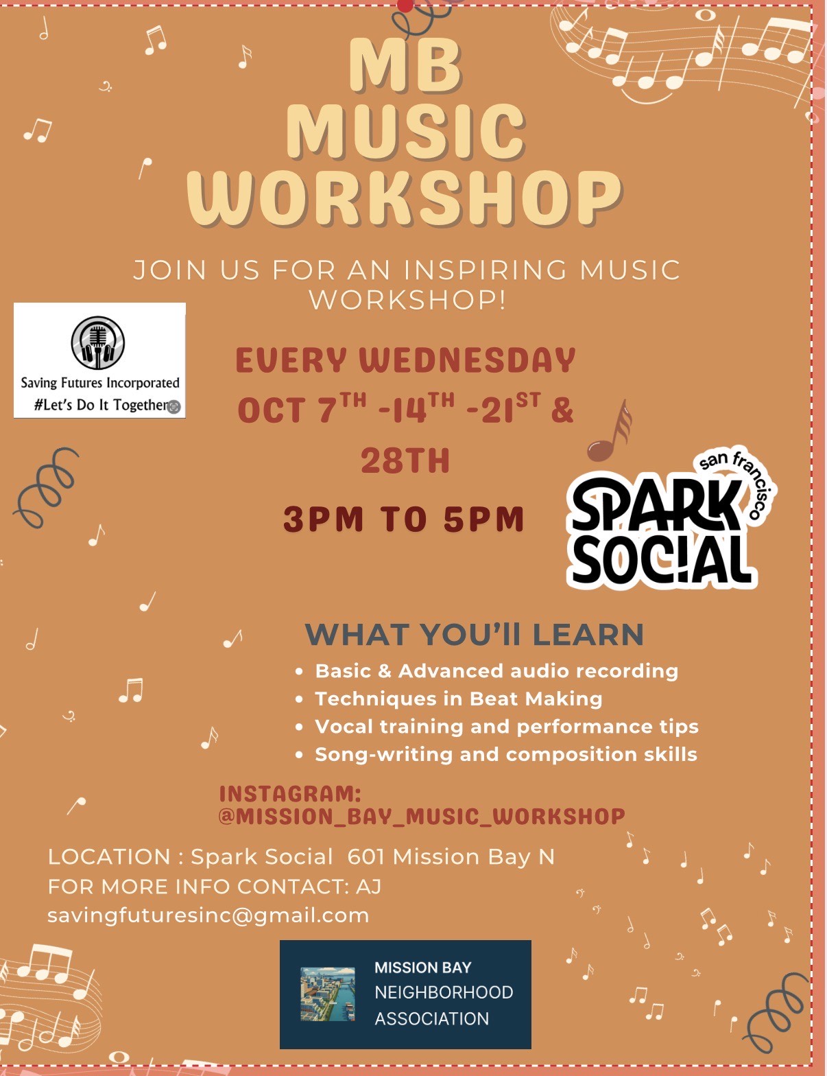 Flyer for the MB Music Workshop, every Wednesday Oct. 7, 14, 21 and 28, 3 to 5 p.m. at SPARK Social SF.